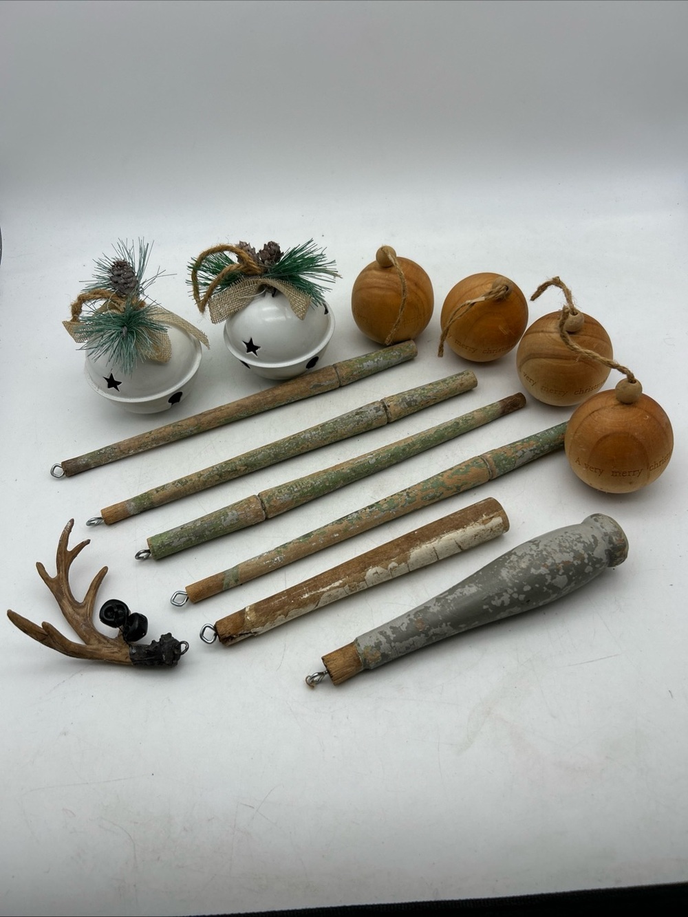 Rustic Farmhouse Decor/Ornaments Lot Of 13 (Rustic Sticks,Bells & Wooden Balls)